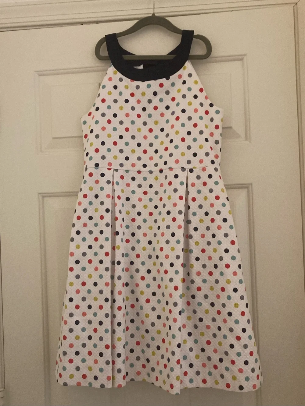 Florence Eiseman Girls White Multicolor Polka Dot Dress with Navy Trim